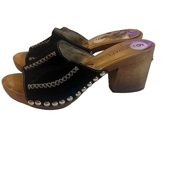 Michael Michael Kors mules wood heels black suede white braid details gold studs - Picture 1 of 9